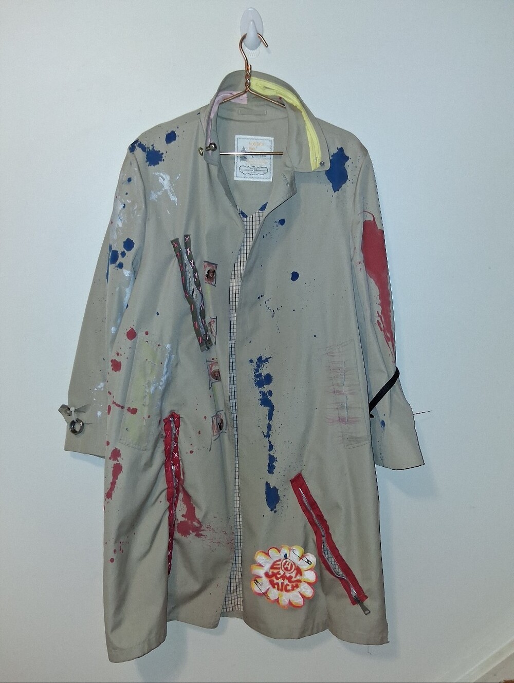 Custom Eat The Rich Distressed Trench Coat Art Jacket Zipper Ripped